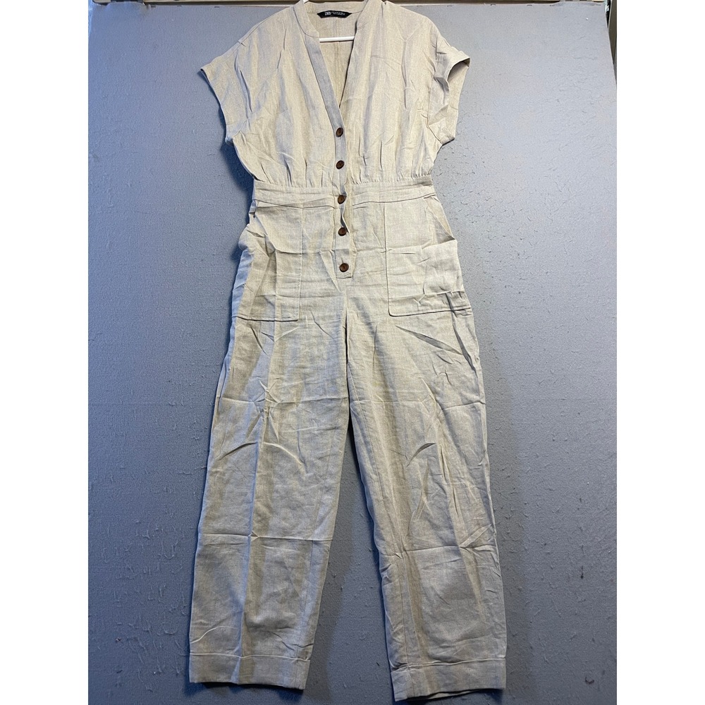 Zara Jumpsuit Linen Blend Oatmeal Beige Medium Womens